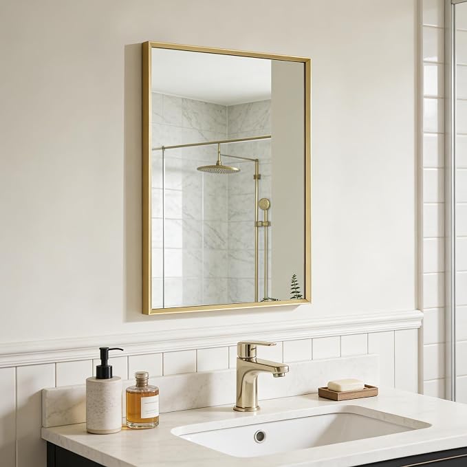 Bathroom Mirror for Wall, 24x16 Inch Framed Vanity Mirror Brushed Gold | Rectanglar Metal Beveled Framed Mirror for Over Sink, Tempered Glass, Anti-Rust, Hangs Horizontally or Vertically