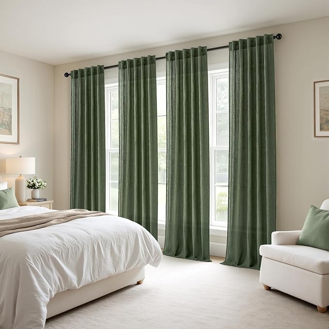 MIULEE Olive Green Back Tab Linen Curtains 4 Panels 42W x 96L | Linen material, light filtering, rod pocket back tab hanging, farmhouse decor for living room bedroom