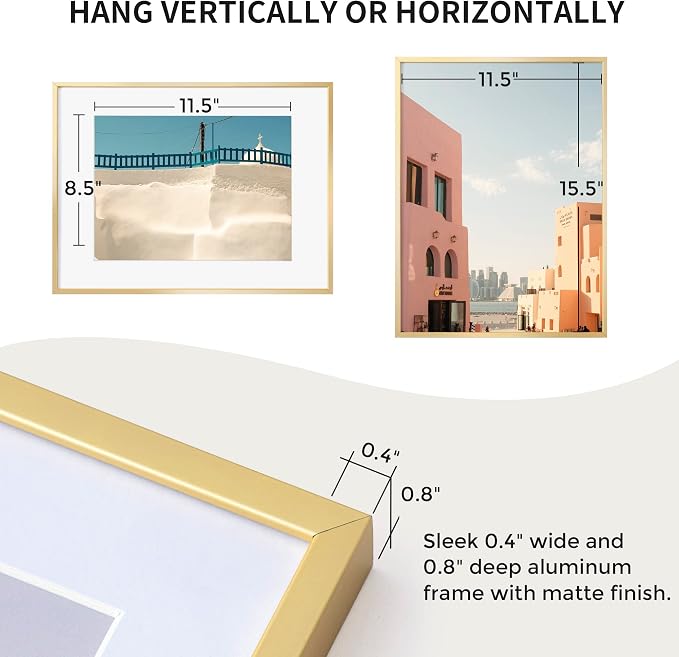Fun Memories 12x16 Metal Picture Frame - Aluminum With Shatter-Resistant Glass - Displays 9x12 Photos With Mat or 12x16 Images Without Mat - Ideal for Home or Office Decor - Set of 1 - Gold