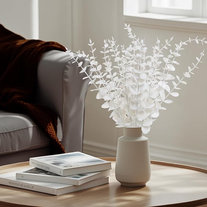 18pcs White Eucalyptus Stems Greenery Stems Fake Leaves Artificial Flowers Bouquet Faux Branches Centerpiece Flores Plants for Home Party Decor Wedding Decoration