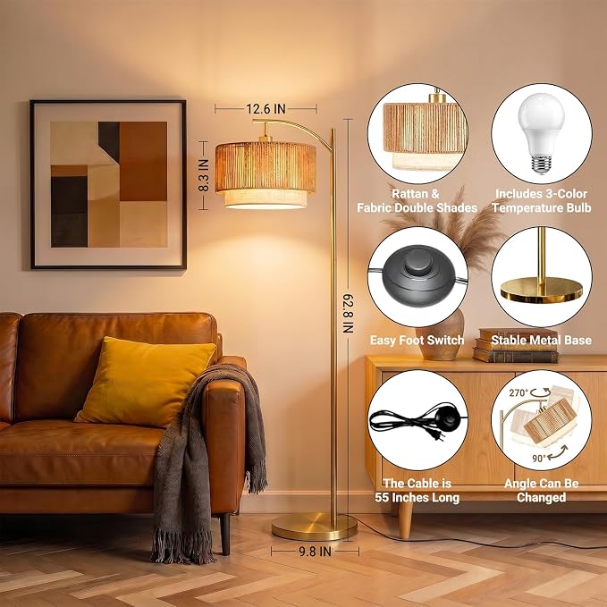 TJOY Arc Floor Lamp for Living Room, Boho Rattan & Fabric Shades