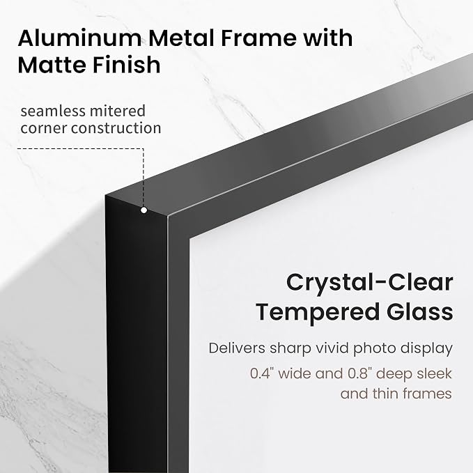 8x10 Photo Frame Black, Aluminum Metal 8 x 10 Frame with Removable Mat, 8 by 10 Black Picture Frame Matted to 5x7 Photo, Real Tempered Glass for Home and Office Gallery Wall, 3 Pack