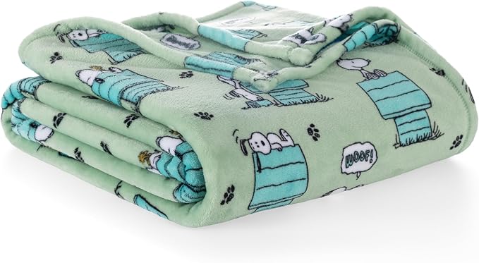 Berkshire Peanuts® VelvetLoft® Cute Character Snoopy Plush Blanket,Regular Snoopy Dog House Poses & Paws Closed in Sage,Full/Queen 90 in x 90 in (Official Peanuts® Product)