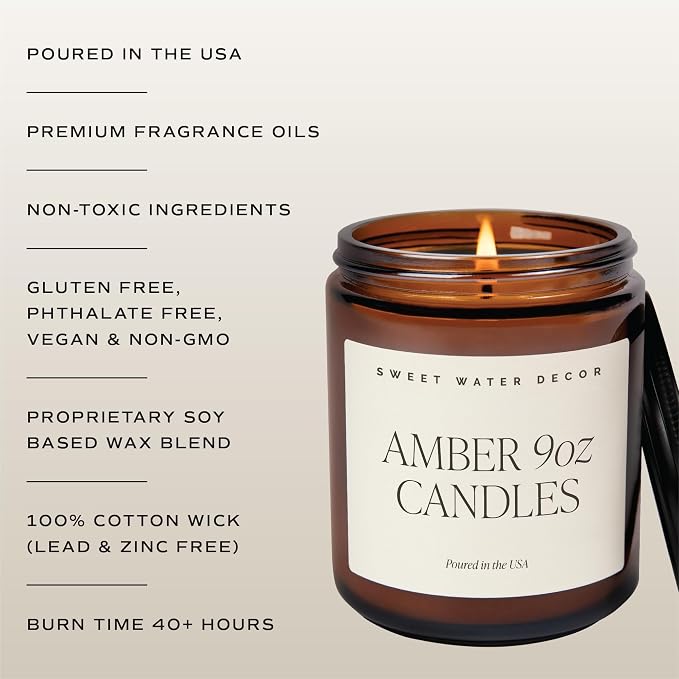 Sweet Water Decor Fraser Fir Candle, 9oz Amber Glass Jar, Winter Scent | Fir, Cypress, Amber & Evergreen Scented Candle, 40+ Hour Burn Time, Black Lid, Non-Toxic Soy Wax, Stocking Stuffer