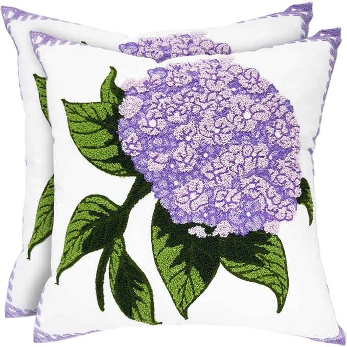 Alysheer Hydrangea Embroidered Decorative Throw Pillow Covers 18"x 18" Set of 2, Purple Lilac Floral Tufted Patterned Cotton Cushion Cases for Couch Bed Living Room Decor
