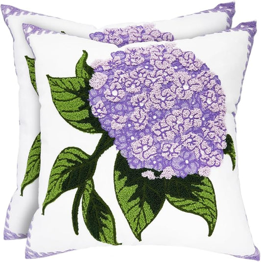 Alysheer Hydrangea Embroidered Decorative Throw Pillow Covers 18"x 18" Set of 2, Purple Lilac Floral Tufted Patterned Cotton Cushion Cases for Couch Bed Living Room Decor
