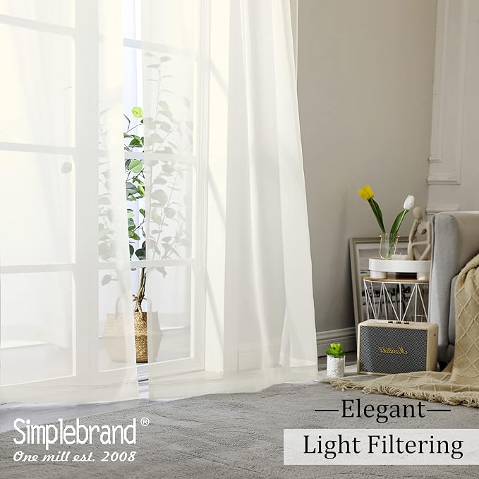 Simplebrand Ivory Sheer Curtains 108 Inches Long, Extra Long Rod Pocket Solid Color Window Sheer Curtain Panels, Elegant Curtains & Drapes for Living Room, Bedroom 2 Panels (Ivory, 42" W x 108" L)