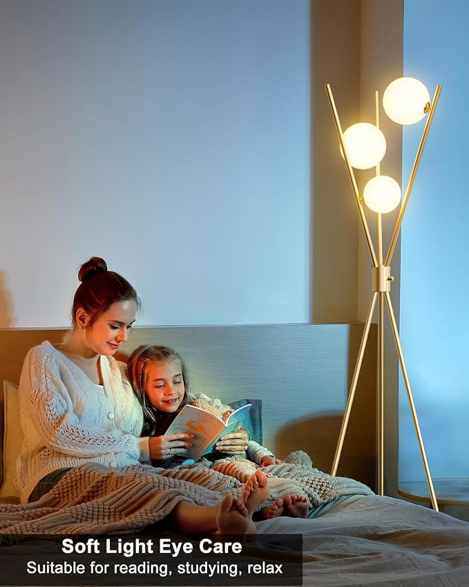 Lightdot Tripod Floor Lamp Stepless Dimmable Globe Modern Floor Lamp Gold Standing Lamps with Stable Base& 3PCS 3000K Bulbs Included Mid Century Floor Lamps for Living Room/Sofa Beside/Corner Decor