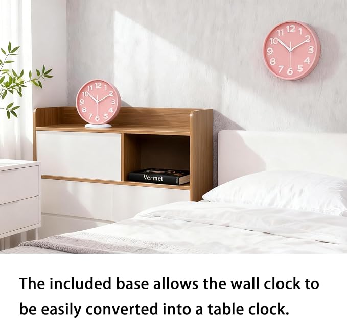 JENLYSTIME 8 Inch Vibrant Pink Modern Wall Clock – Silent Non-Ticking, Bold 3D Numbers, Precise Quartz Movement | Decorative Desk & Wall Clock with Stand for Home, Kitchen, Bedroom, or Office