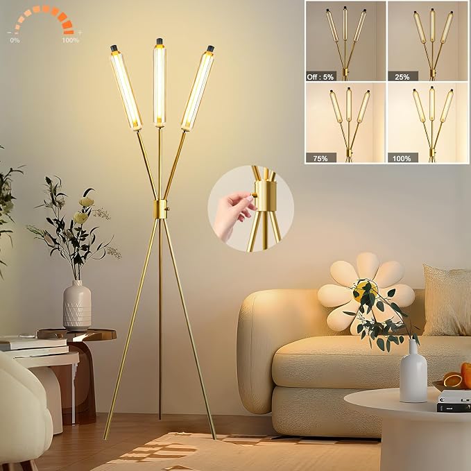 Lightdot LED Tripod Floor Lamps for Living Room, Stepless Dimmable Modern Standing Tall Lamp with 360° LED LampHead,Mid Century Industrial Floor Lamp for Bedroom/Sofa Beside/Corner Decor-Gold