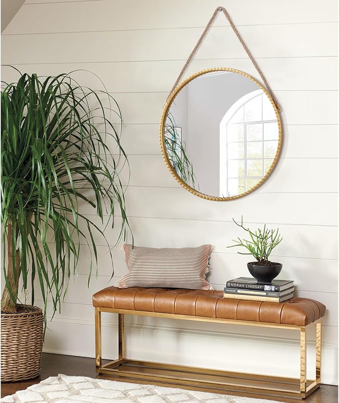 Hanging Mirror with Rope Modern Circle Metal Framed Round Mirrors with Beaded for Bathroom Living Room Home Entryway Gold 16"