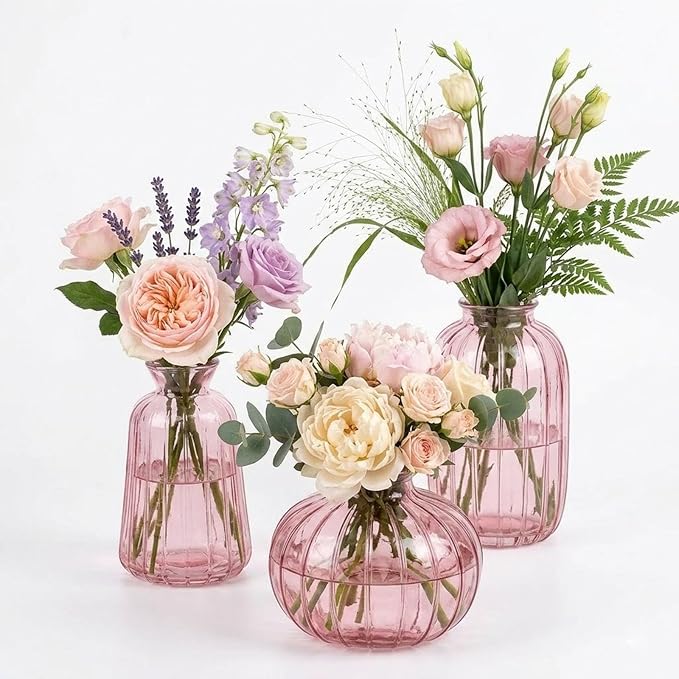 Glass Bud Vases Set of 3,Small Pink Flower Vases for Wedding Centerpiece Table Decorations,Vintage Mini Vase,Flower Arrangements in Vases for Party or Home Decor (Pink)