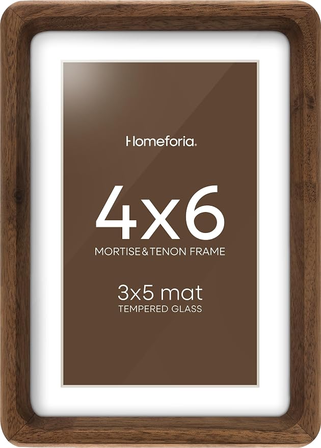 Homeforia 4x6 Mortise&Tenon Walnut Picture Frame, 3x5 Mat, Glass