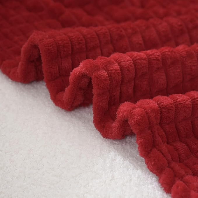 Puncuntex Fleece Throw Blanket Red 90"×90" with Square Grid Design | Super Soft Plush Cozy Flannel Throw Blanket Luxury for Couch Sofa Chair