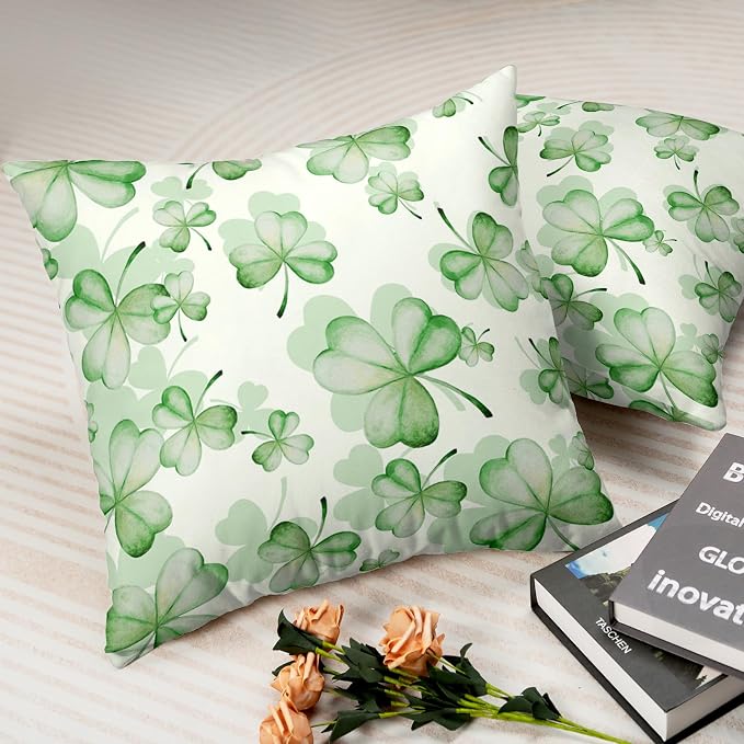 Spring Pillow Covers 20x20 Green Shamrock Pillows Cushion Cases Set of 2 Lucky Clover Decor Pillow Cases March Decorations for Indoor Living Room Couch