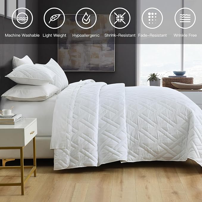 HORIMOTE HOME Quilt Set Queen Size White, Classic Geometric Diamond Stitched Pattern, Ultra Soft Microfiber Lightweight Bedding Set Bedspread Coverlet for All Season (1 Quilt and 2 Pillow Shams)