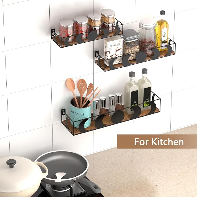PHAREGE Black and Brown Moon Phase Floating Wall Shelves Set of 3