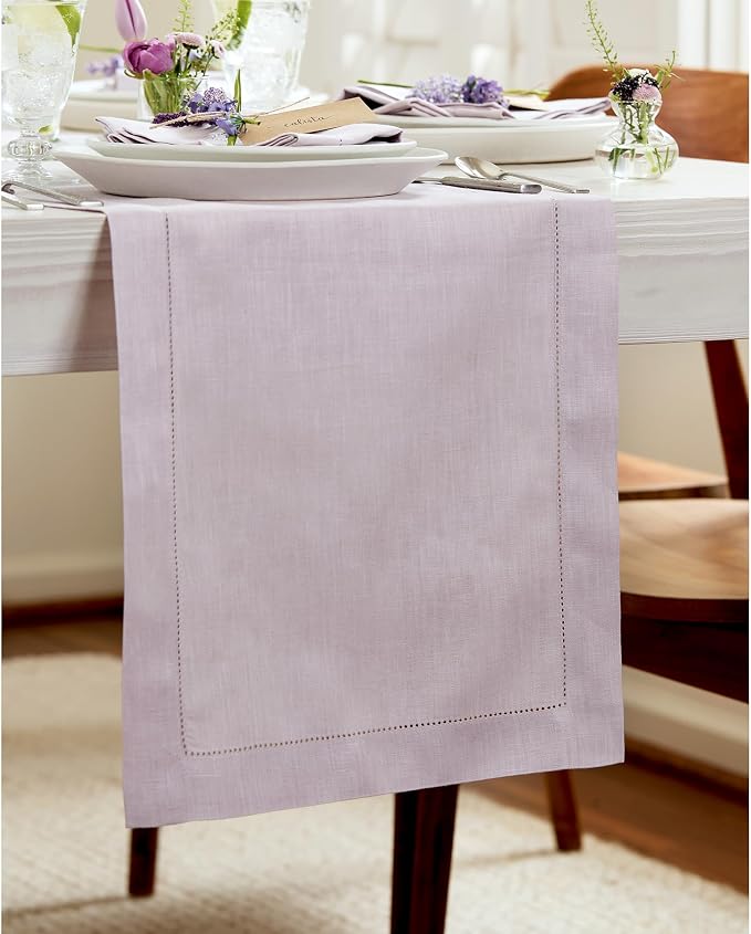 Solino Home 100% Linen Table Runner Lilac, Classic Hemstitch 14 x 156 in | dresses up dining tables for everyday meals, hemstitched border, mitered corners, machine washable, soft, OEKO-TEX Certified