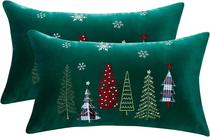 Christmas Embroidery Throw Pillow Covers 12 x 20 inch Set of 2 Christmas Dec Velvet Pillowcases Forest Green Xmas Trees Cushion Pillow Cases Soft Lumbar Holiday Pillowcase