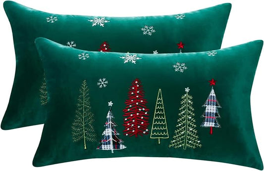Christmas Embroidery Throw Pillow Covers 12 x 20 inch Set of 2 Christmas Dec Velvet Pillowcases Forest Green Xmas Trees Cushion Pillow Cases Soft Lumbar Holiday Pillowcase