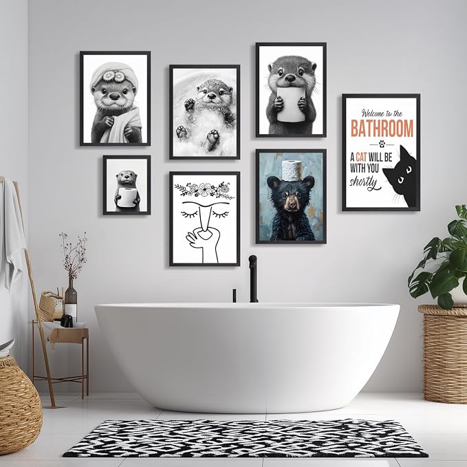 LLEEMPI Funny Black Bear Toilet Paper Bathroom Wall Art,12x16 Framed Print | Vintage blue and black rustic humor decor for restroom, hallway or cabin; housewarming gift for bear and animal lovers.