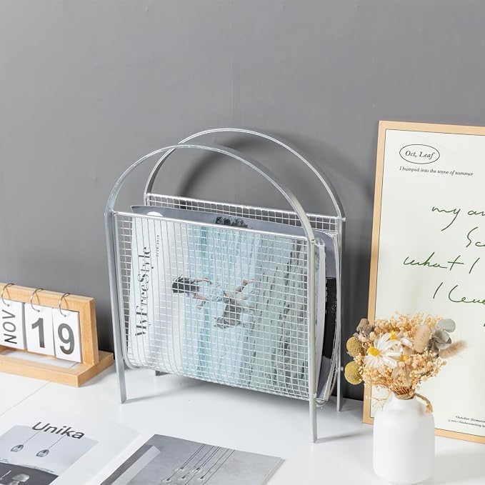 MyGift Mid-Century Silver Metal Mesh Magazine Rack, Freestanding Holder | Mid-century inspired silver mesh rack keeps magazines and newspapers organized in a stylish basket design for table or floor