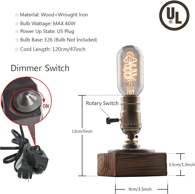 Vintage Table Lamp, Industrial Dimmable Nightlight Steampunk Desk Lamp with E26 Lamp Holder for Bedroom Living Room Home Art Display Cafe Bar Studio Antique Decor(Without Bulb)