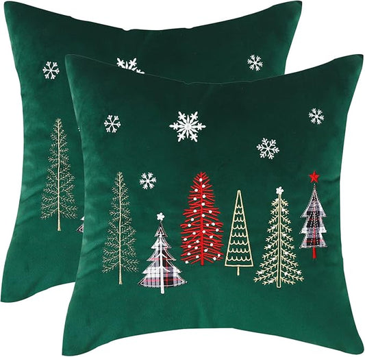 Christmas Throw Pillow Covers 18x18 Set of 2 Xmas Trees with Snowflake Embroidery Pillow Covers Christmas Dec Velvet Pillowcases Forest Green Cushion Pillow Cases Soft Square Holiday Pillowcase