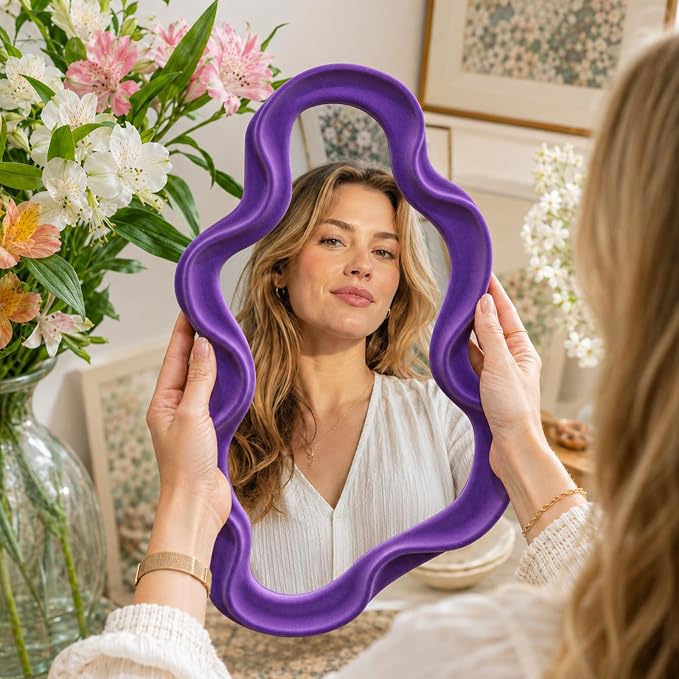 Purple Wavy Cloud Wall Mirror for Girly Bedroom Dorm Vanity Decor | 16x10",Soft Velvet-like Touch,Funky Decorative Mirrors for Modern Vintage Home Office Living Room Housewarming Birthday Gift