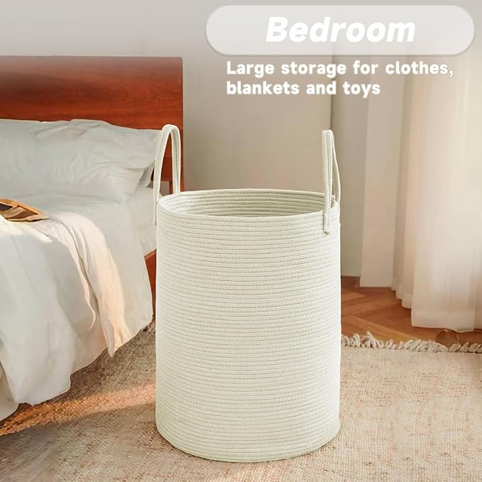 JMvicyroam 60L Cotton Rope Laundry Basket Hamper, White | Collapsible laundry basket, reinforced handles, freestanding, machine washable, holds 3-5 thick blankets, clothes or toys