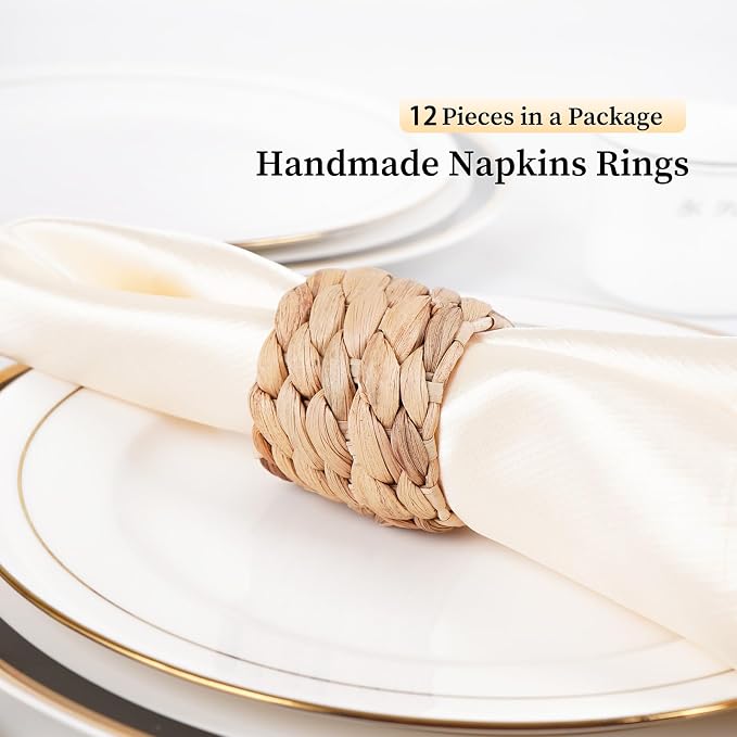 Napkin Rings Set of 12, Farmhouse Table Decor Handmade by Natural Water Hyacinth, Fall Rustic for Thanksgiving, Christmas, Wedding Table Dinnerware Decoration Set