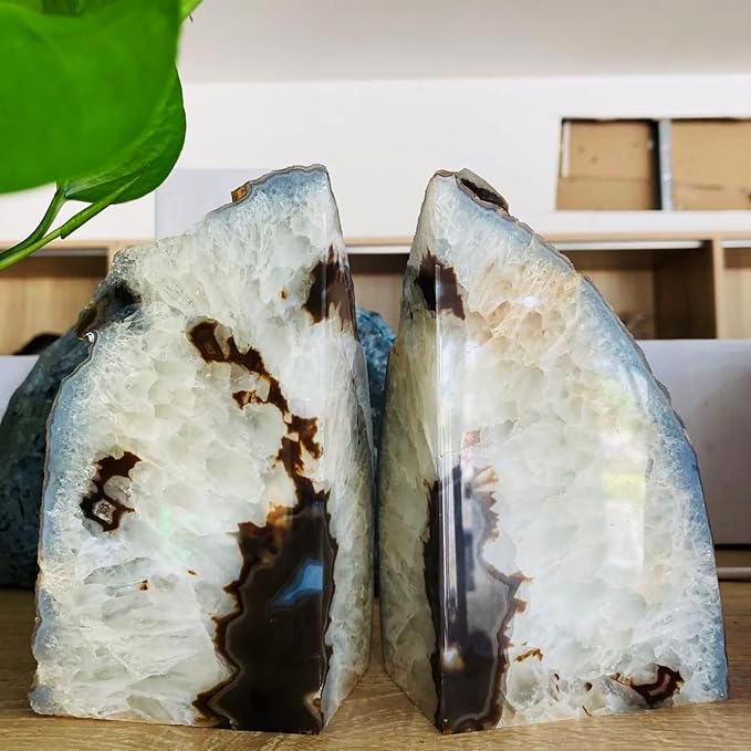 Agate Geode Bookends Heavy Duty Natural Crystal Stone Book Holders Decor | Polished Stone Book Stoppers Supports Home Office Decor with Rubber Bumpers Natural Black 1 Pair, 2-3 LBS