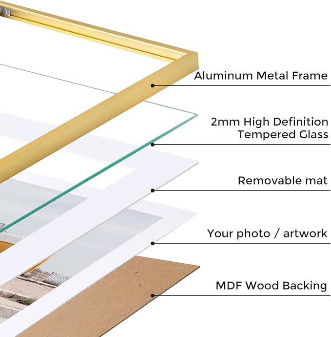 Fun Memories 16x20 Metal Picture Frame with 11x14 Mat, Brushed Aluminum Finish, Tempered Glass Front, and Attached Hanging Hardware(Gold, Pack of 1)