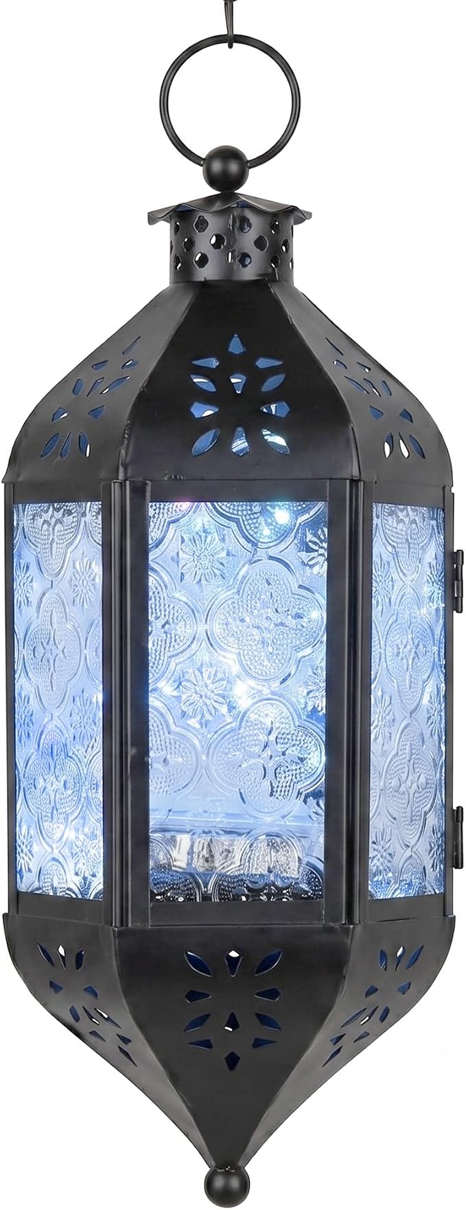 Vela Lanterns Hanging Moroccan Lantern with LED Twinkle Fairy Lights - Exotic Decorative Patio & Porch Decor, Indoor Outdoor Candle Lamp Holder with Chain (13" Large, Clear Glass)