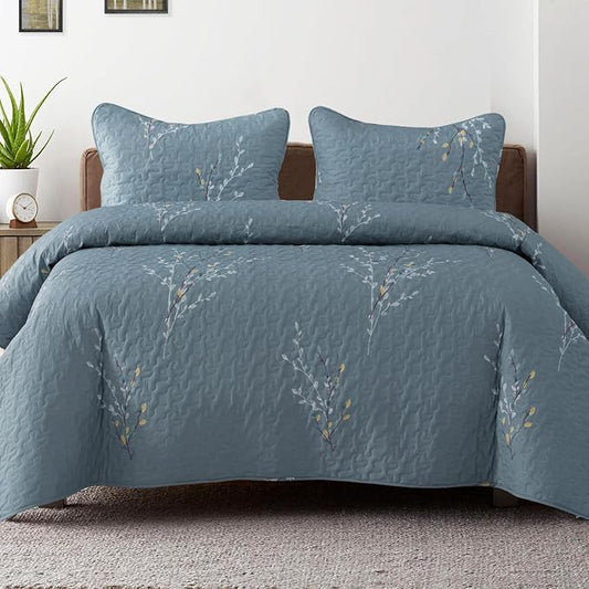 Exclusivo Mezcla Reversible Boho Quilts Queen Size Blue | Lightweight Soft Bedspreads, All Season Flowers Coverlet Bedding Set, Printed Floral Pattern, 1 Quilt and 2 Pillow Shams