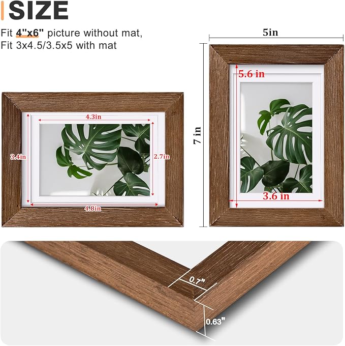 Egofine 4x6 Picture Frames Set of 4, Made of Solid Wood Covered by Plexiglass 3x4.5 and 3.5x5 with Mat or 4x6 without Mat, for Table Top Display and Wall Mounting Photo Frame,Walnut Brown