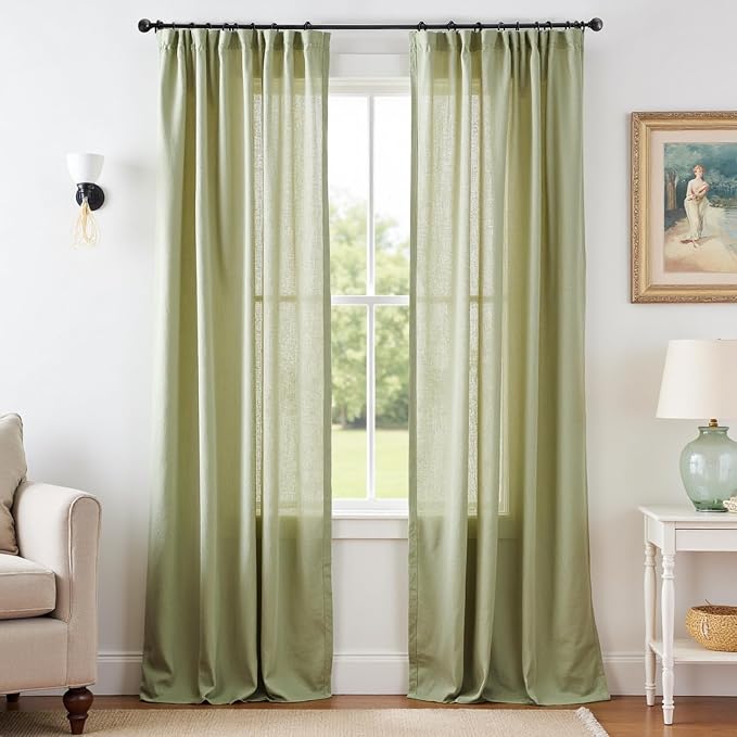 jinchan Linen Curtains Light Filtering Back Tab 50x108 Inch 2 Panels Green | Semi Sheer Curtains 108 inch length for Bedroom Living Room, Modern Farmhouse Drapes with Rod Pocket, Natural Boho Curtains