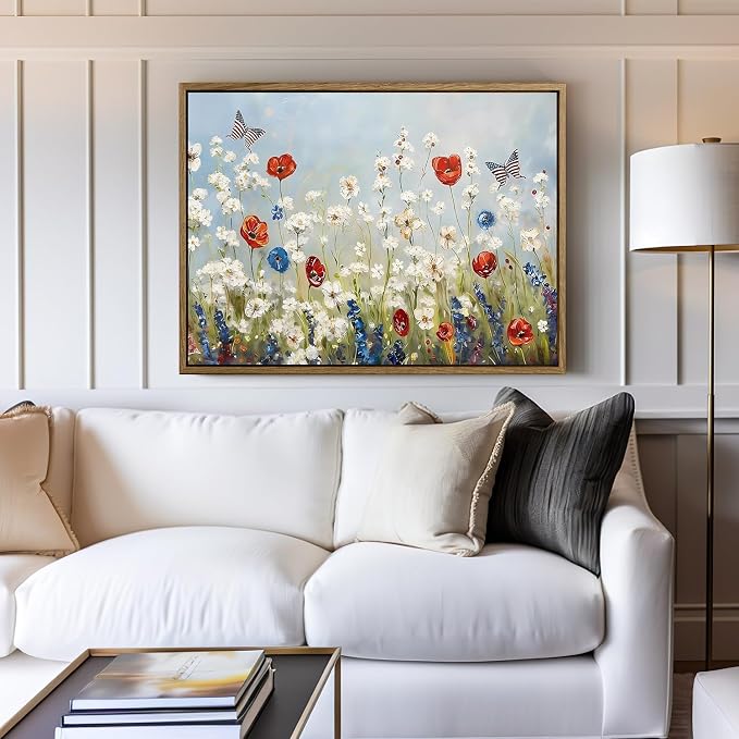 Wildflower Field Framed Canvas Wall Art, 4th of July Canvas prints | Vintage Rustic Landscape Poster Print, Independence Day Wall Decor for Bedroom Living Room 24×32in
