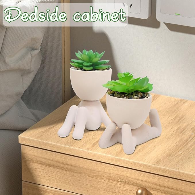 Zerzsy 2PCS Cute Artificial Succulent Plants with Creative Human Shaped Pots, Desk Decoration Artificial Fake Plants Indoor for Home Office Decoration(Cream Color)