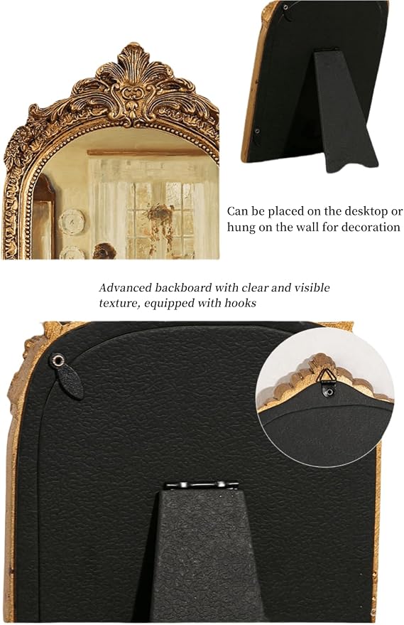 TenFuju 11” x 9.5” Small Gold Vintage Wall Mirror, Antique Gold Resin Baroque, Decorative Hanging & Tabletop