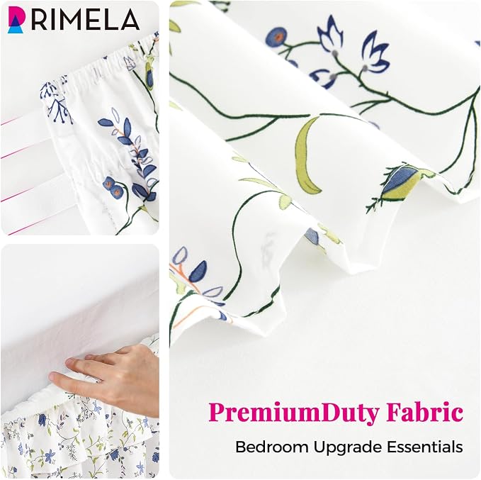 RIMELA Ruffle Bed Skirt Blue Berry Floral Queen 15 Inch Drop, Elastic Wrap Around Bed Skirting Queen Size, Easy to Install Dust Ruffle, Machine Washable Soft Fabric, Multi Ruffle Bedskirt