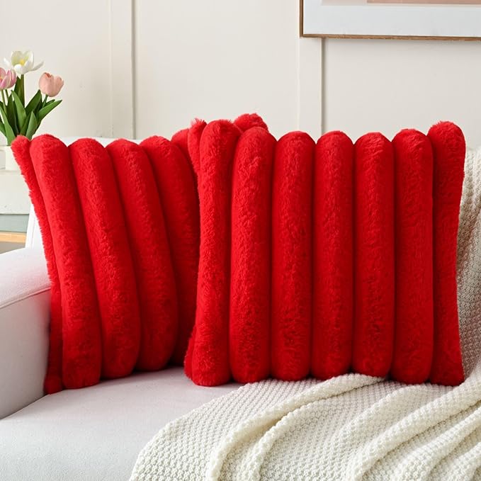 HAUSSY Pack of 2 Pillow Covers 22x22 Inch, Faux Fur Decorative Couch Throw Pillows Soft Striped Plush Cushion Covers Home Decor Cute Furry Pillowcase for Living Room Sofa Bed, Red (Covers Only)