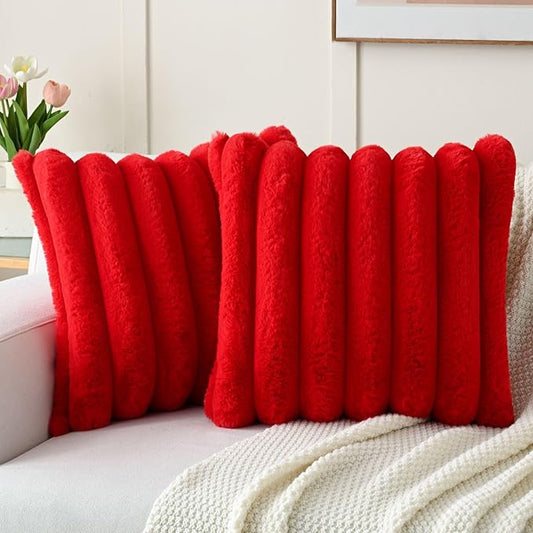 HAUSSY Pack of 2 Pillow Covers 26x26 Inch, Faux Fur Decorative Couch Throw Pillows Soft Striped Plush Cushion Covers Home Decor Cute Furry Pillowcase for Living Room Sofa Bed, Red (Covers Only)
