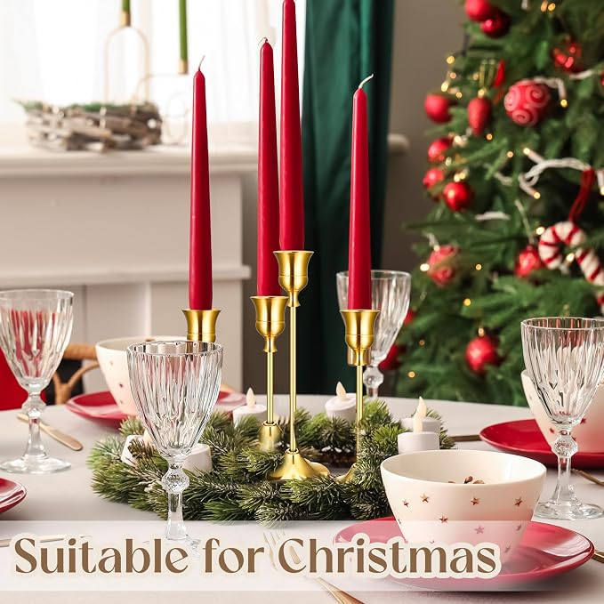 24PCS Brass Gold Taper Candle Holders Set, Vintage Metal Candlestick | Tall Table Centerpiece, Pillar & LED Candles, Wedding Reception, Festive Christmas Mantel Decoration