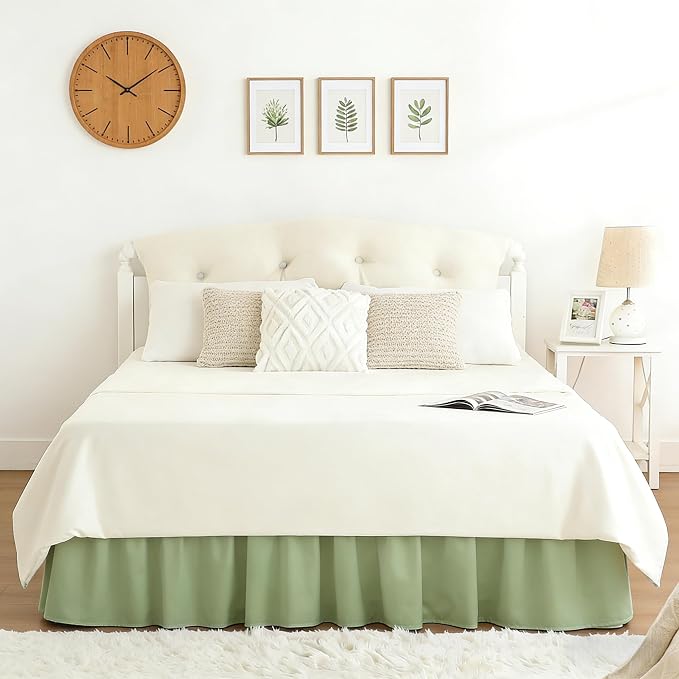 Matcha Green Bed Skirt Queen Size 15" Drop, Elastic Wrap Around Bedskirt | Solid Ruffled, Easy to Use, No Mattress Lifting, Wrinkle & Fade Resistant, with Adhesive Strips, Machine Wash/Dry/Iron