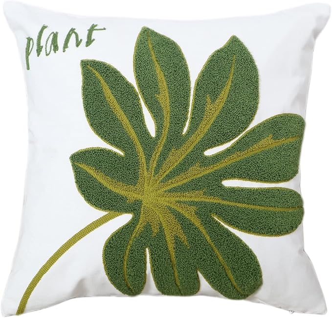 Embroidery Throw Pillow Cover 18x18 Green Tropical Leaf Loop Plant Word Embroidered Floor Pillow Cover for Couch 100% Cotton Decorative Cushion Cover Home Décor Pillow Case 45x45cm, 1 Piece