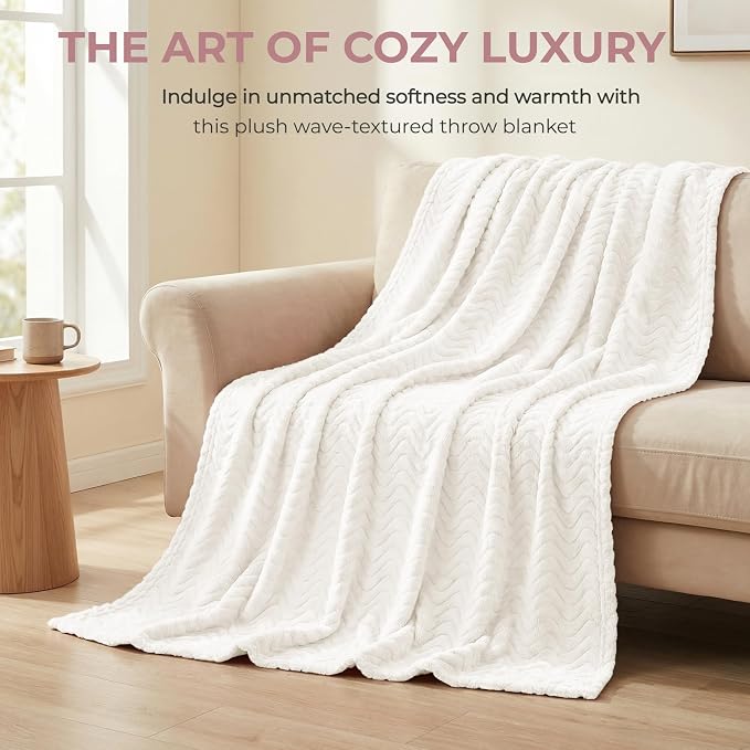 Exclusivo Mezcla Soft Fleece Blanket King Size for Bed, Sofa, Ivory | 90"x104" Breathable Lightweight Flannel Blanket for Summer, Plush Cozy Jacquard Wave for Home Decor