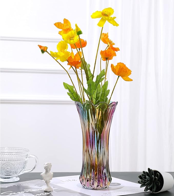 Glass Colorful Vase,Glass Flower Vase Decor for Home Dining Table Living Room,Office Wedding Holiday Party,Handmade Pattern(Phoenix Tail Style)