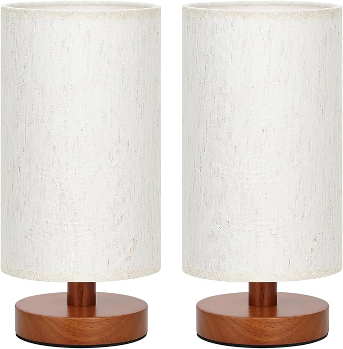 Desk Small Lamps Set of 2 (Cream Shade - Walnut Base, 9" Inline Control)