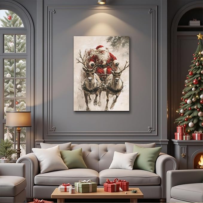 FLZYKGPA Vintage Santa in Sleigh with Reindeer Canvas Art 12x18, Framed Classic Christmas Wall Art for Holiday Decor, Cozy Winter Snow Scene Nature Wall Decor for Living Room Kitchen Office